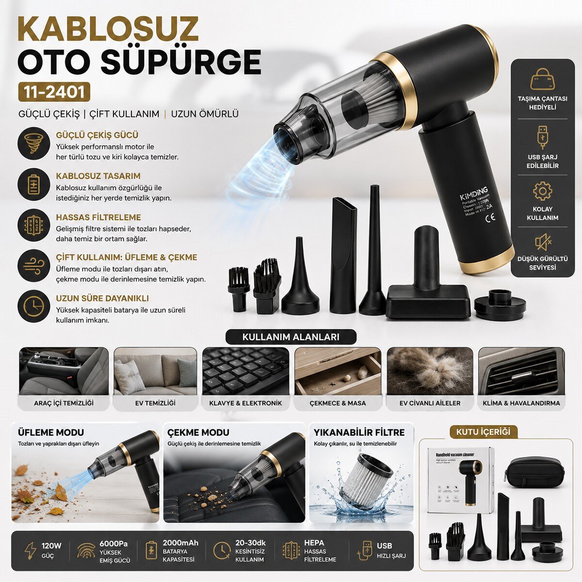 HANDHELD VACUUM CLEANER 2İN1=ÇEKME - ÜFLEME OTO - ARAÇ - EV EL TİPİ SÜPÜRGE ŞARJLI MİNİ - TAŞINABİLİR KH-128 (5293)