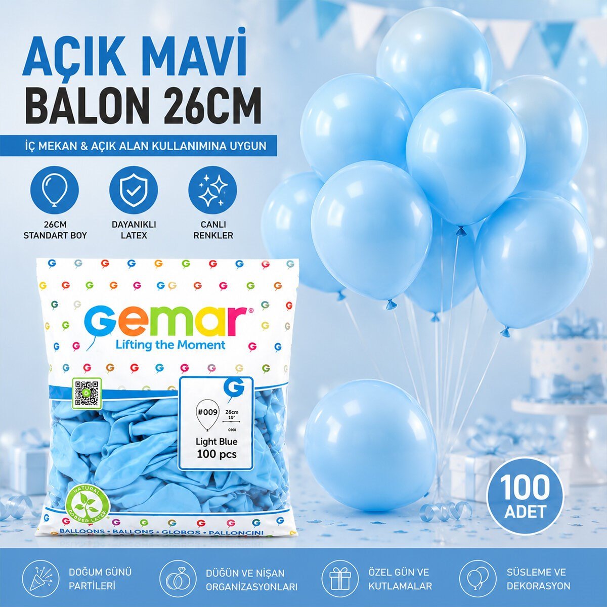 İÇ MEKAN - AÇIK MAVİ BALON 10 INC - 26CM - 100PCS (5293)