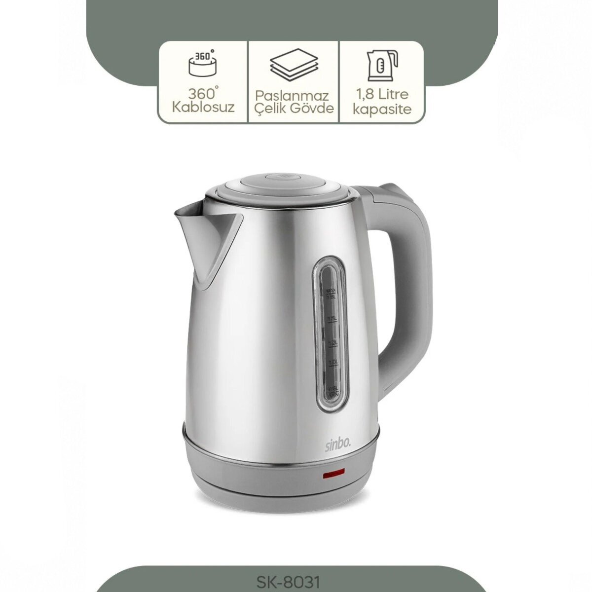 İNOKS ÇELİK KETTLE SU ISITICISI KABLOSUZ KULLANIM 1.8LT 360° DÖNEBİLME OTOMATİK KAPANMA SK-8031 (5293)