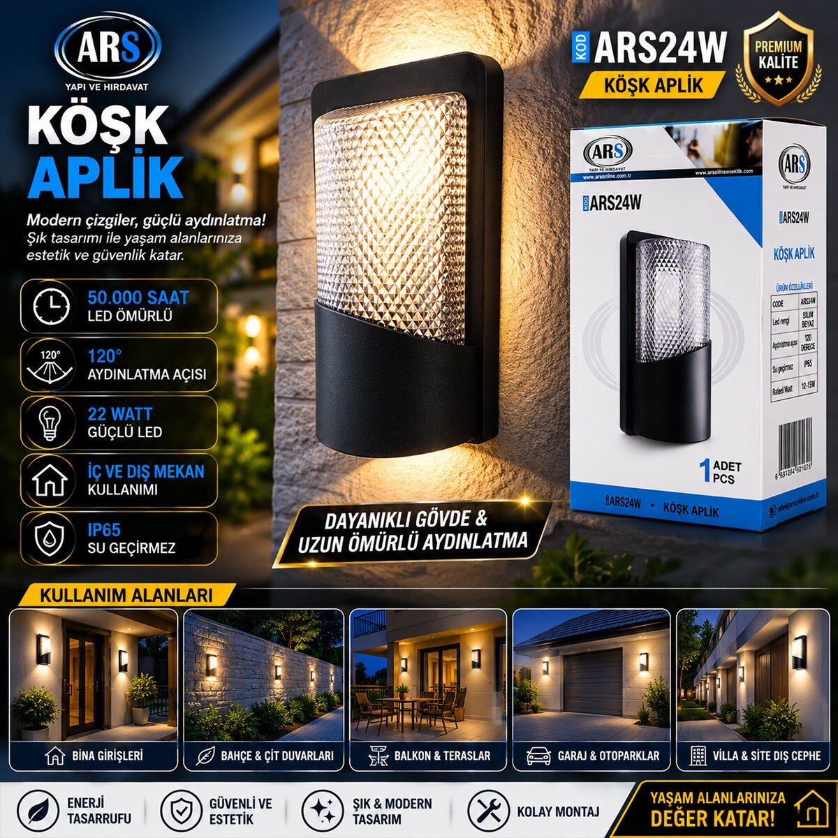 IP66 50.000 SAAT LED ÖMRÜ 22W KÖŞK LED APLİK DUVAR LAMBASI ARS-348955 (5293)