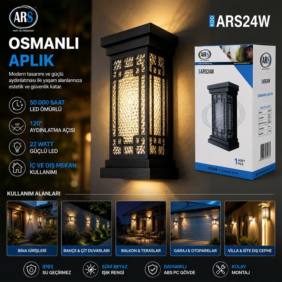 IP66 50.000 SAAT LED ÖMRÜ 22W OSMANLI LED APLİK DUVAR LAMBASI ARS-348952 (5293)