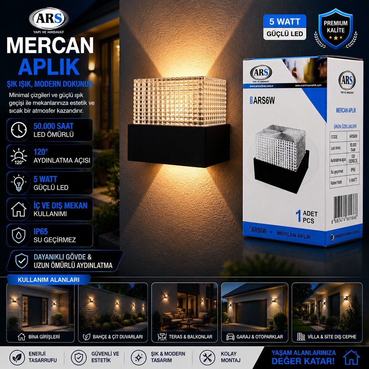 IP66 50.000 SAAT LED ÖMRÜ 5W MERCAN LED APLİK DUVAR LAMBASI ARS-348957 (5293)