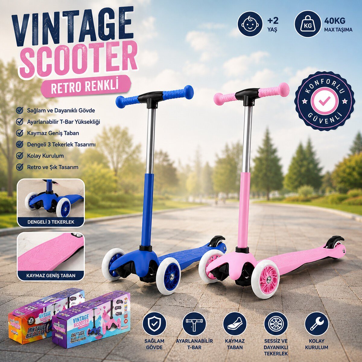 IŞIKSIZ VINTAGE SCOOTER 55X57-64-71CM RETRO RENKLİ +2 YAŞ - 40KG MAX TAŞIMA HERHANGİ BİR RENK GÖNDERİLİR (5293)