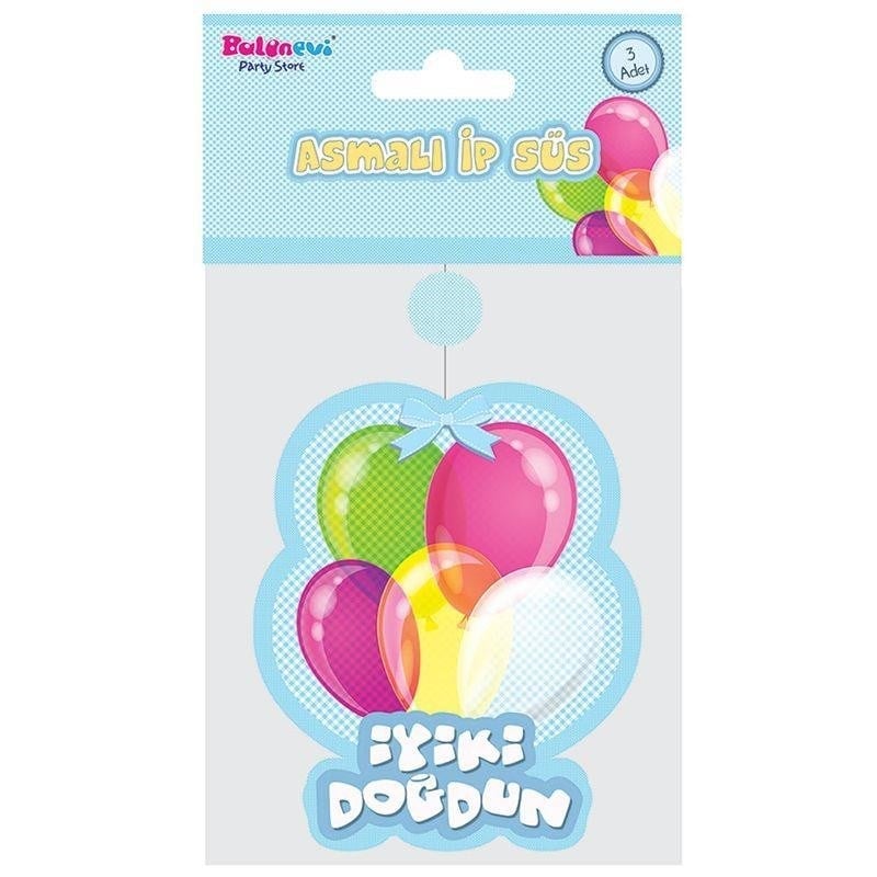 İyiki Doğdun Yazılı Asmalı İp Süs Mavi Renk 3 lü Set 12x45 cm (5293)