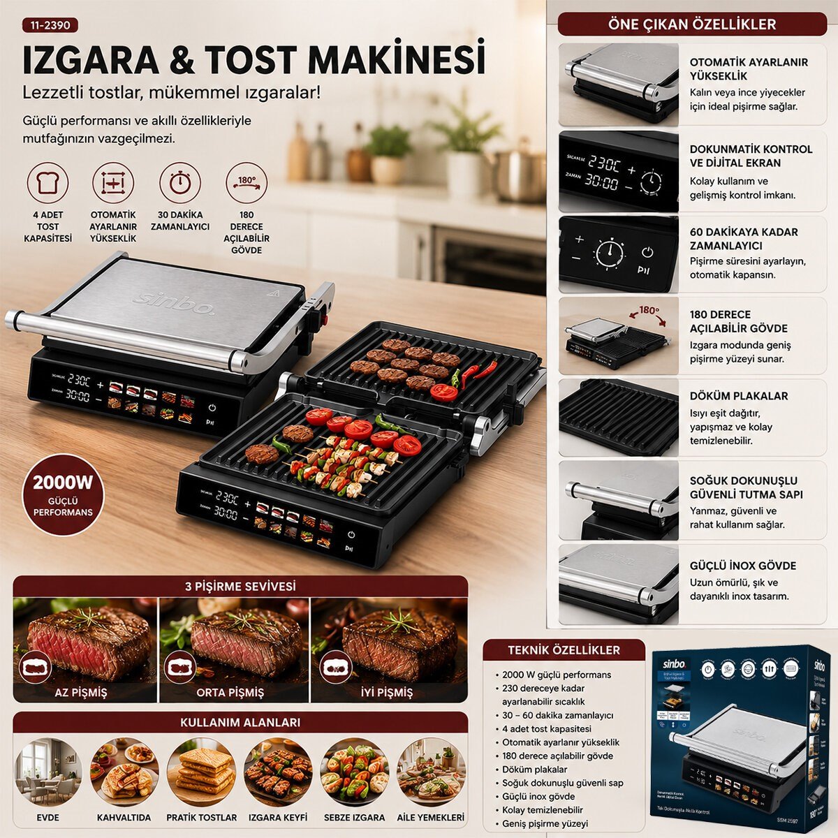 IZGARA VE TOST MAKİNES İ 4 DİLİM YAPIŞMAZ YÜZEY DOKUNMATİK DİJİTAL EKRAN - 2000W SSM-2597 (5293)