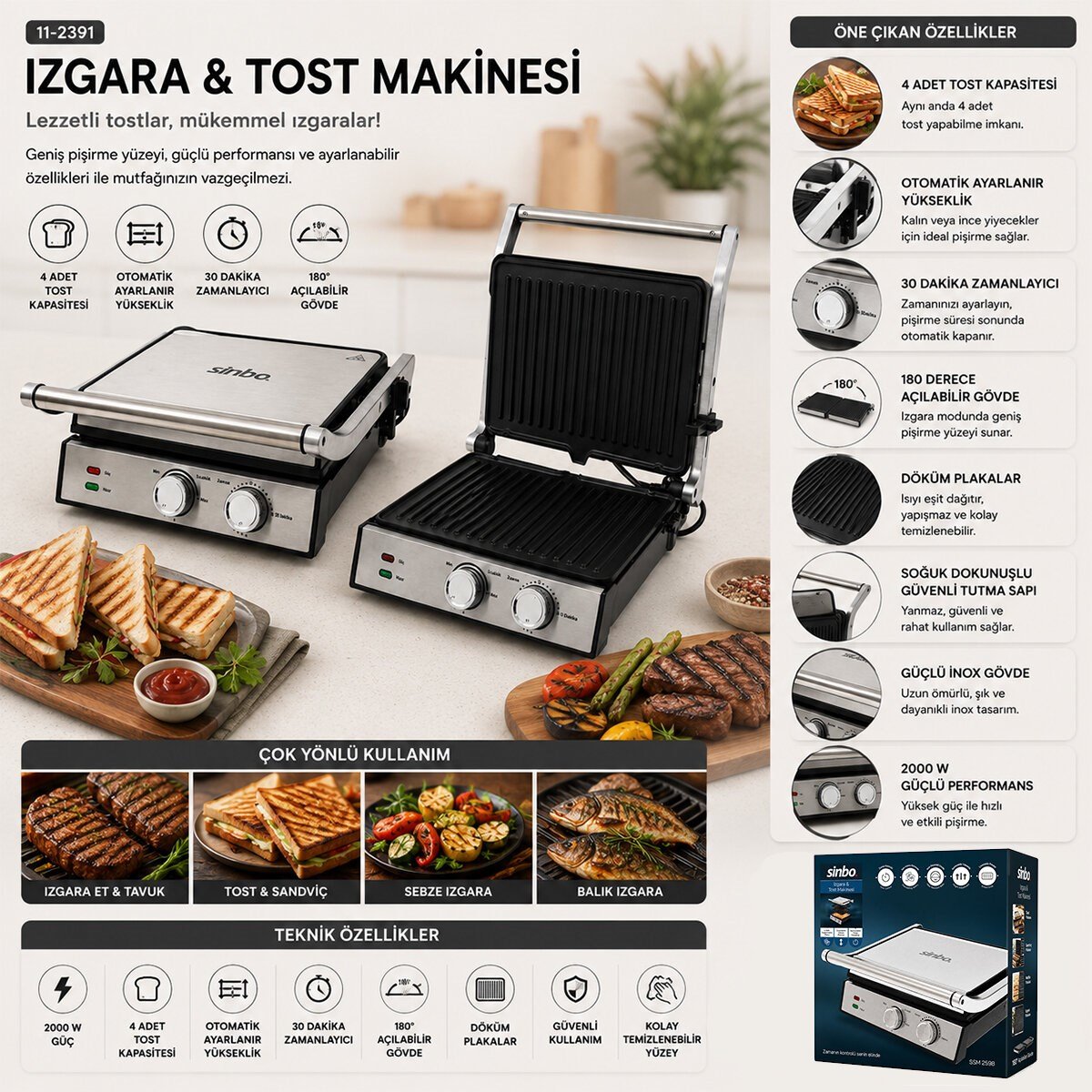 IZGARA VE TOST MAKİNESİ 4 DİLİM YAPIŞMAZ YÜZEY 2000W SSM-2598 (5293)