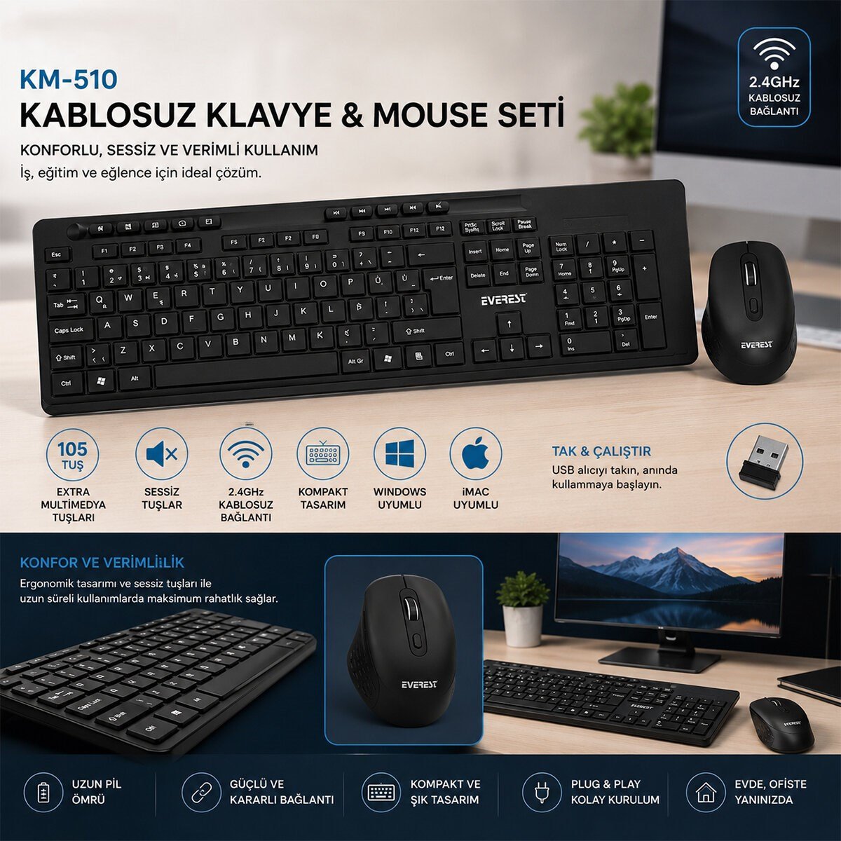 KABLOSUZ MULTİMEDİA KLAVYE - MOUSE SETİ SİYAH Q KLAVYE KM-510 (5293)