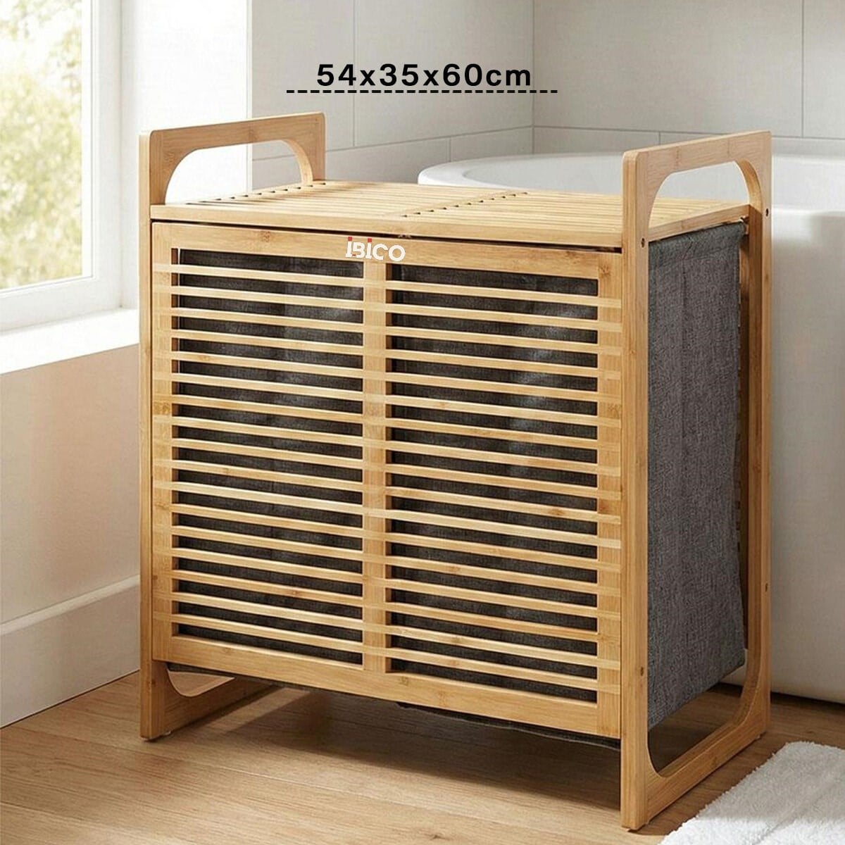 KALIN AHŞAP BAMBU 2 BÖLMELİ KİRLİ ÇAMAŞIR SEPETİ KUMAŞ ÇANTALI SEPET=54X35X60CM (5293)