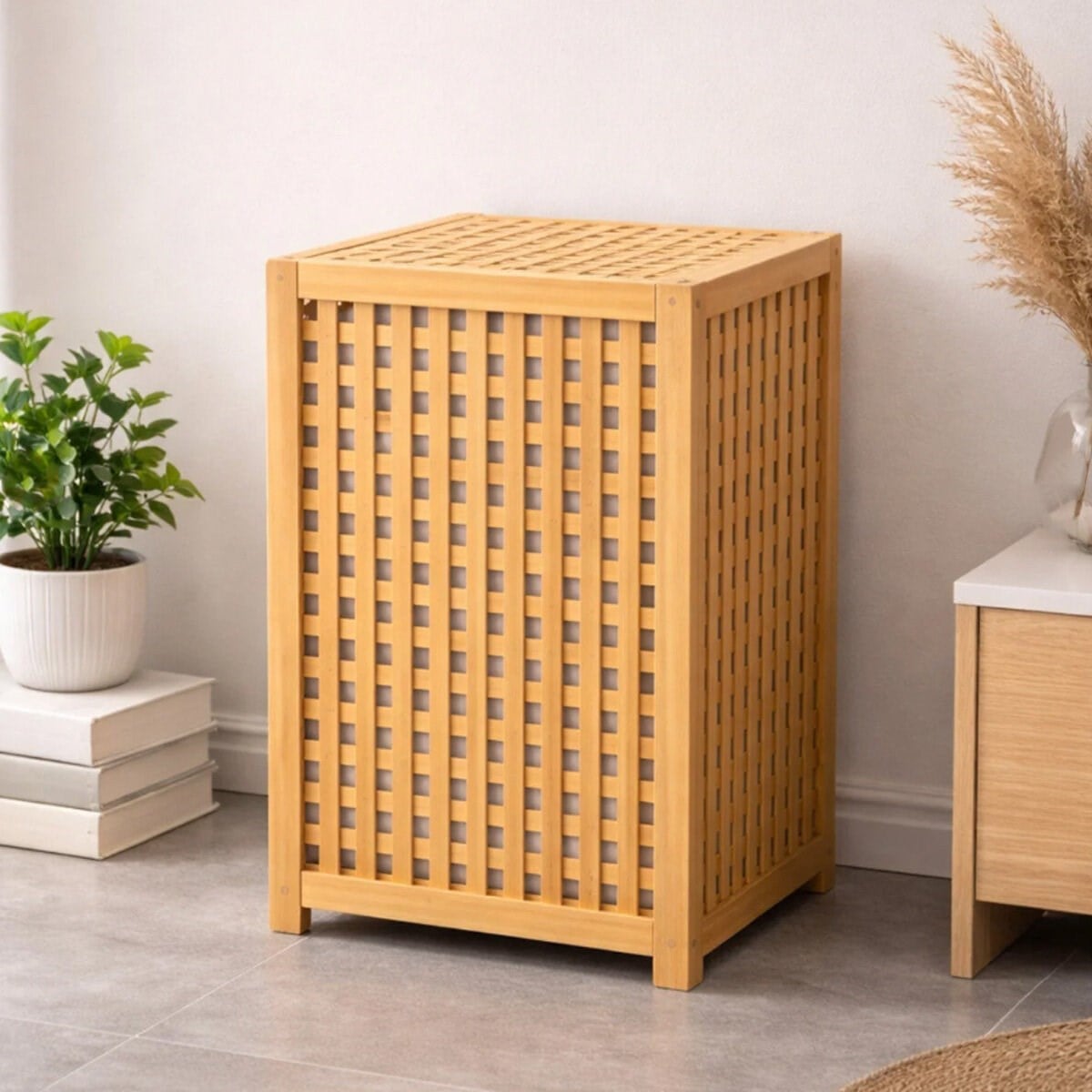 KALIN AHŞAP BAMBU KİRLİ ÇAMAŞIR SEPETİ KUMAŞ ÇANTALI SEPET=40X40X58CM (5293)