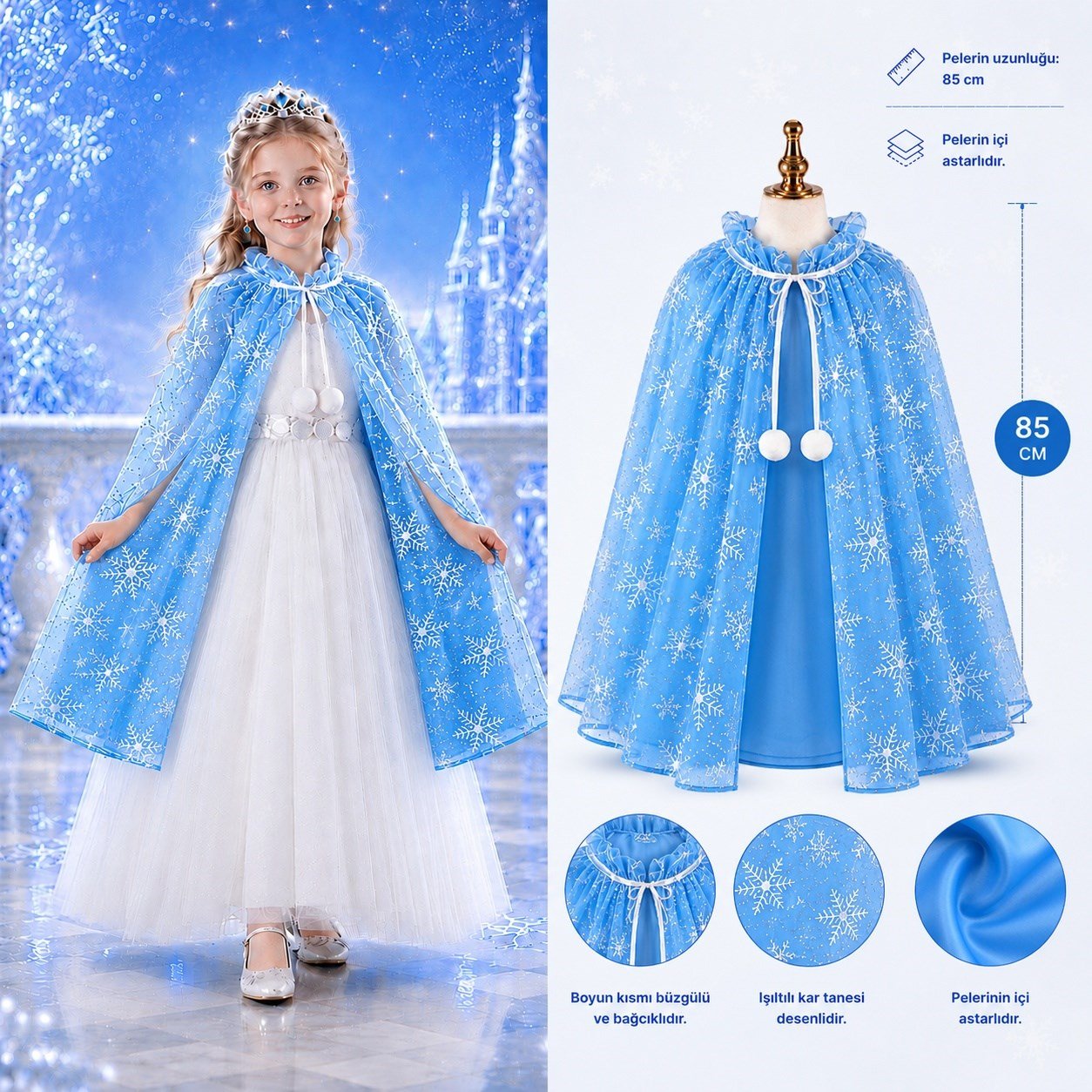 Kar Tanesi Desenli Mavi Elsa Pelerini - Astarlı Frozen Pelerini 85 cm (5293)