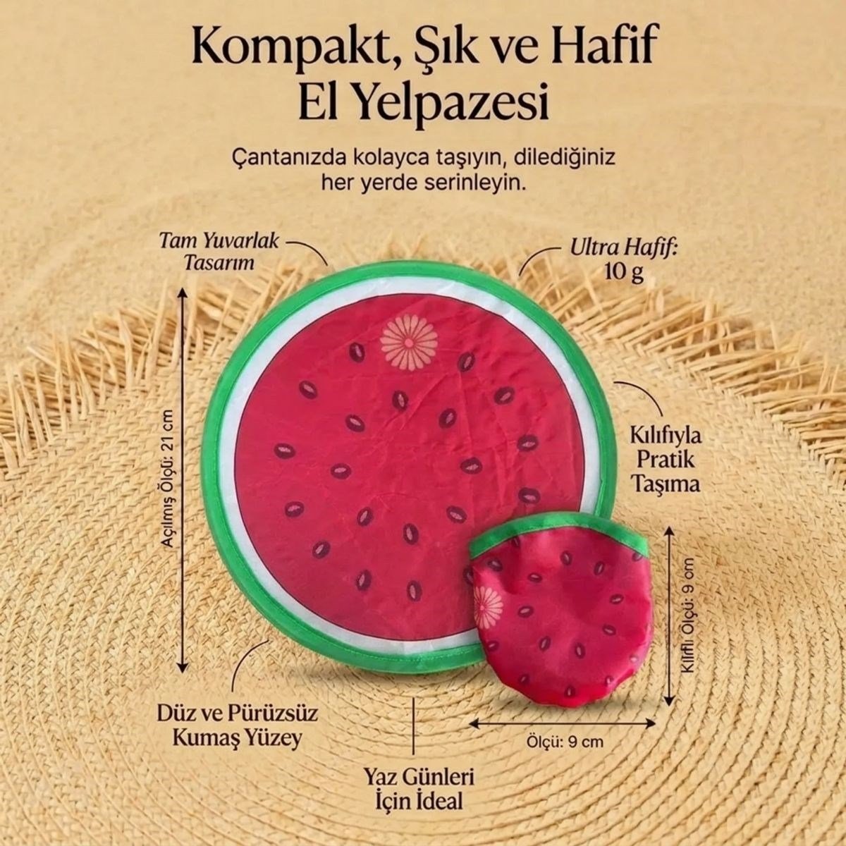 Karpuz Desenli Katlanabilir Cep Yelpazesi - Kılıflı Yuvarlak Kumaş El Yelpazesi (5293)