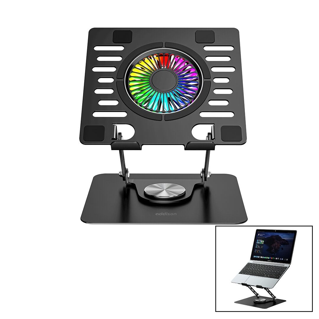 KATLANABİLİR LAPTOP STAND METAL - SOĞUTUCU FAN RGB IŞIKLI 360° DÖNEBİLEN FAN 2 USB SOKET (5293)