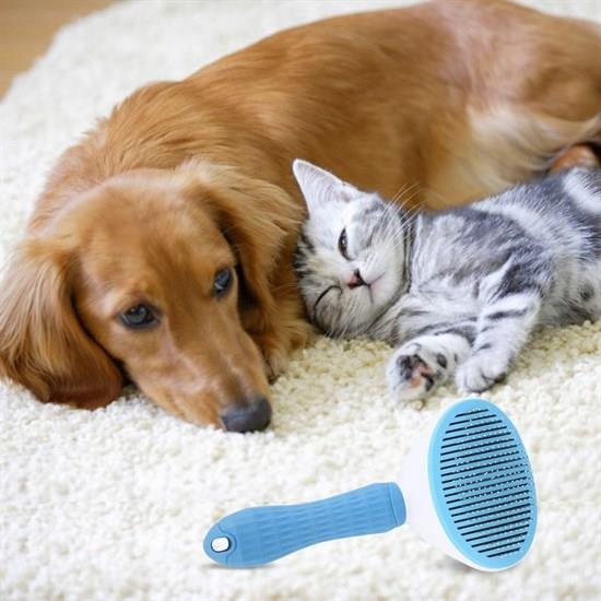 Kedi Köpek Tüy Toplayıcı Kendini Temizleyebilen Ergonomik Saplı Evcil Hayvan Tarağı Mavi (5293)