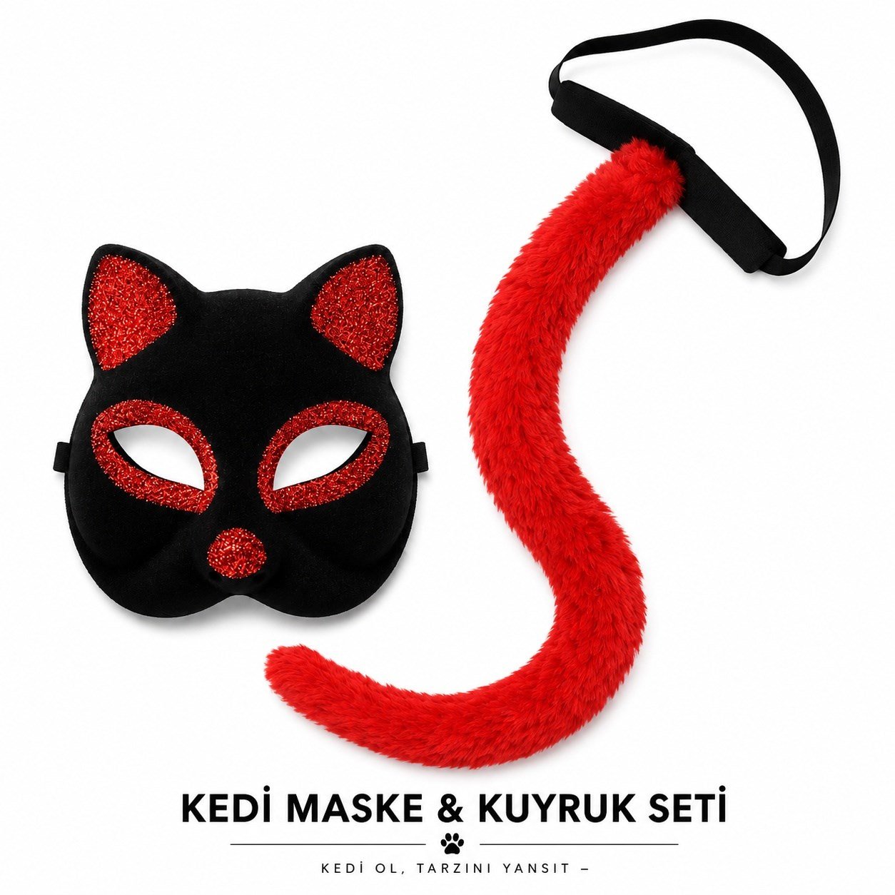 Kırmızı Kedi Maske ve Kuyruk Seti Parti Kostüm Aksesuarı (5293)