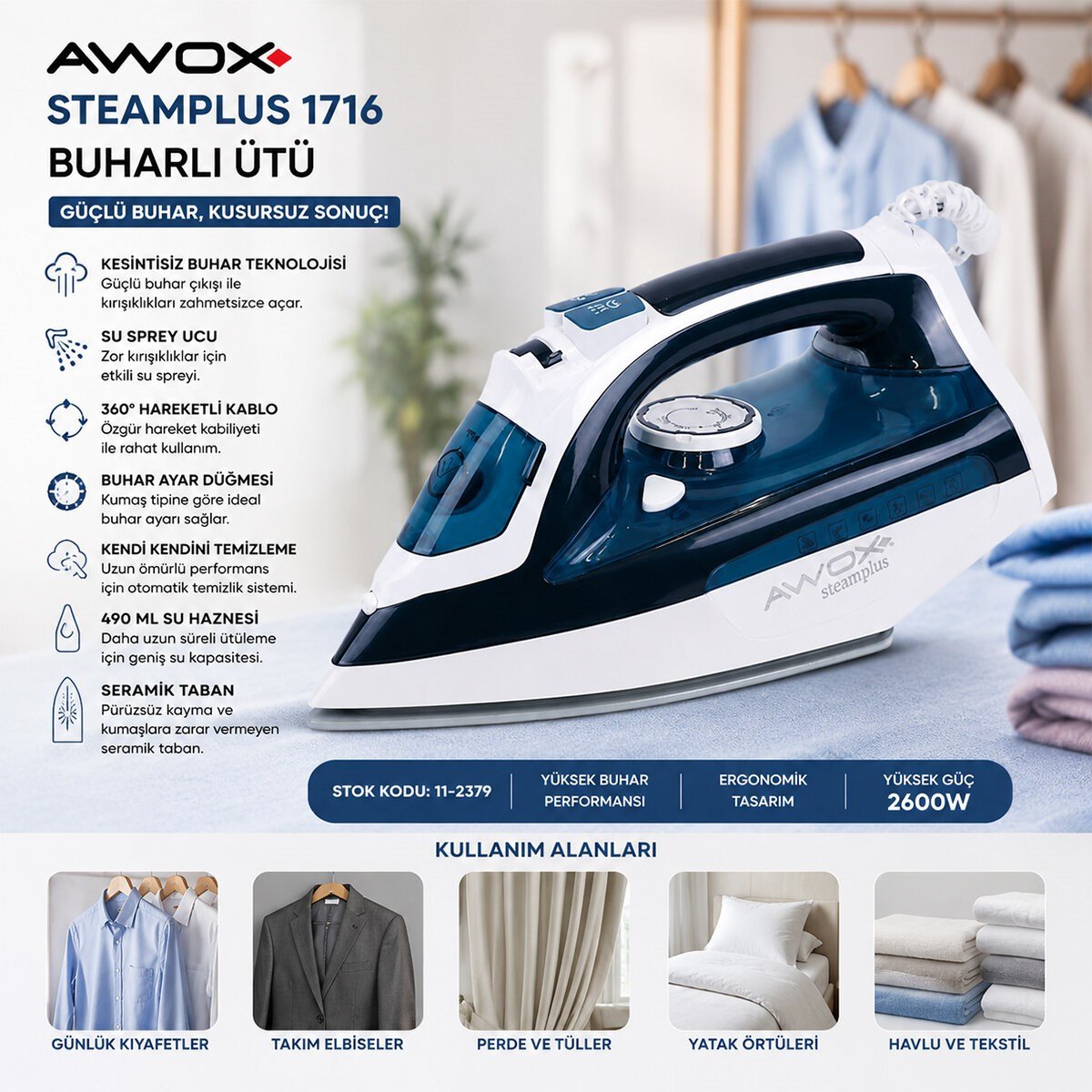 KOYU MAVİ - BEYAZ BUHARLI ÜTÜ SERAMİK TABAN - 360° HAREKETLİ KABLO - BUHAR AYARLAMA 2100W STEAMPLUS-1716 (5293)