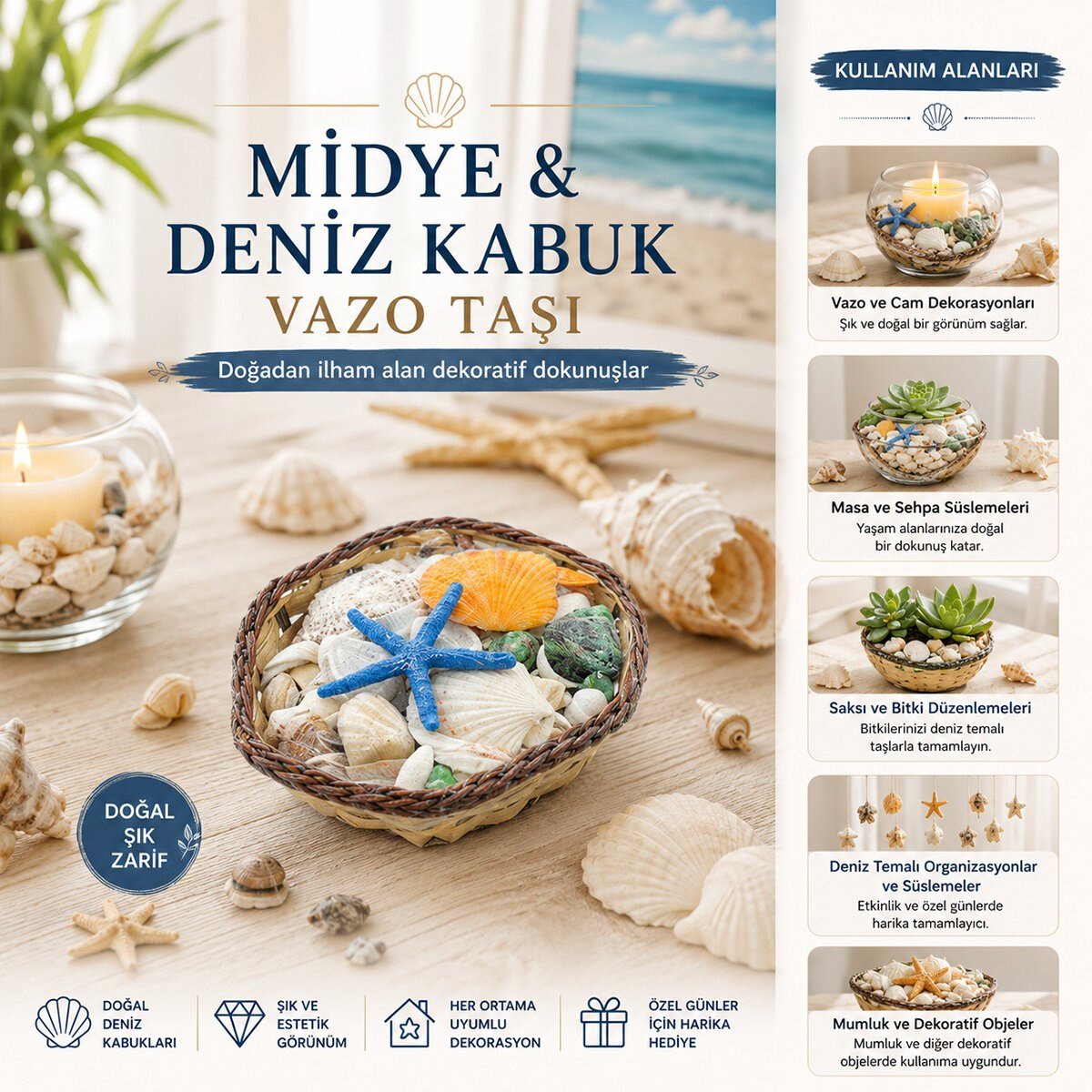 KÜÇÜK - KARE - AHŞAP SEPETLİ RENKLİ MİX MİDYE - DENİZ KABUK VAZO TAŞI (5293)