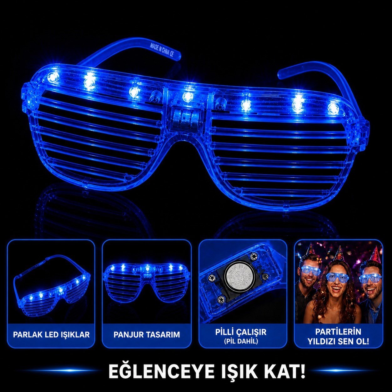 LED Işıklı Panjur Parti Gözlüğü Mavi Renk Shutter Gözlük (5293)