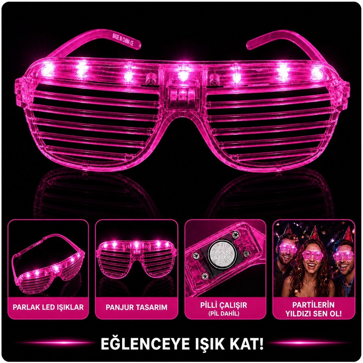 LED Işıklı Panjur Parti Gözlüğü Pembe Renk Shutter Gözlük (5293)