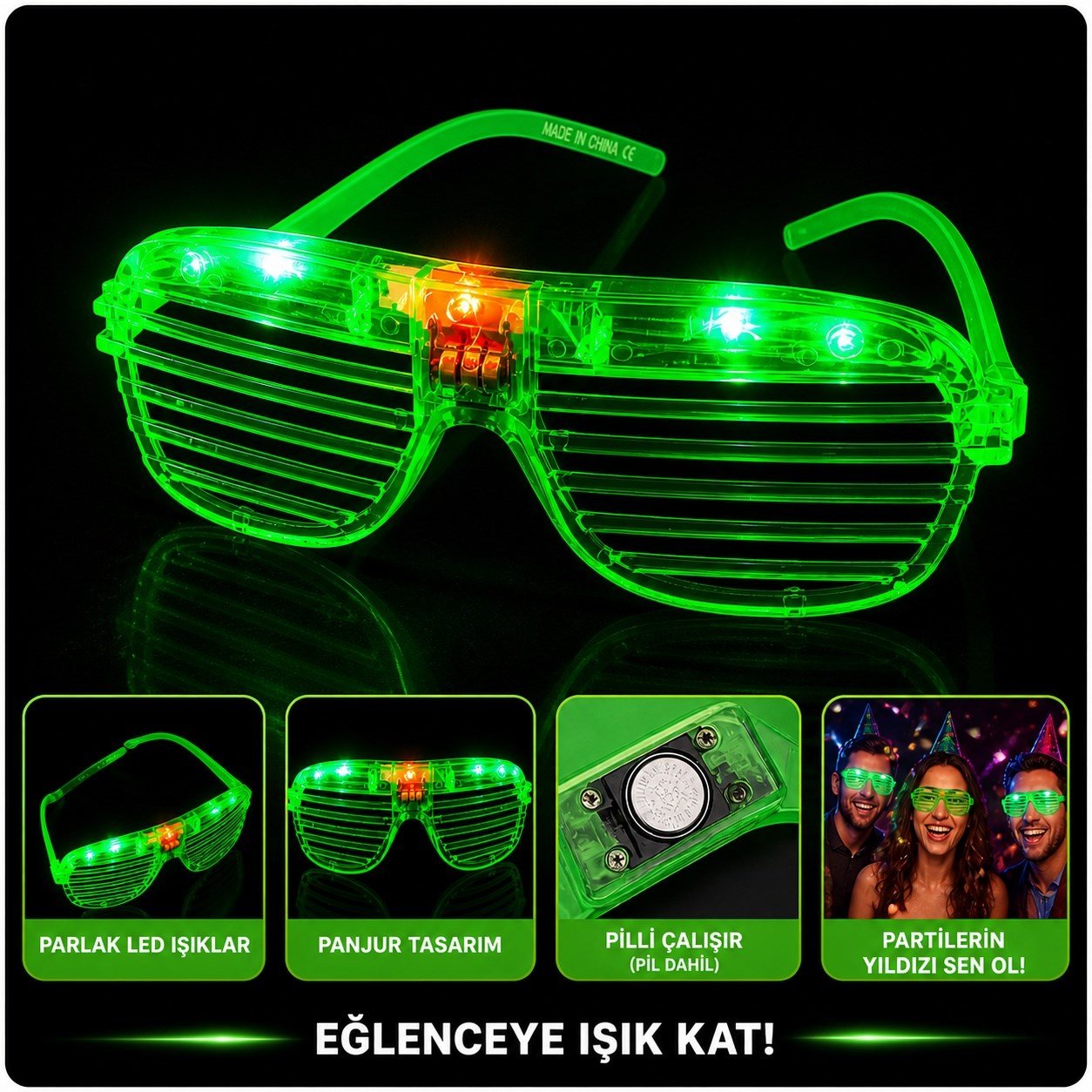 LED Işıklı Panjur Parti Gözlüğü Yeşil Renk Shutter Gözlük (5293)