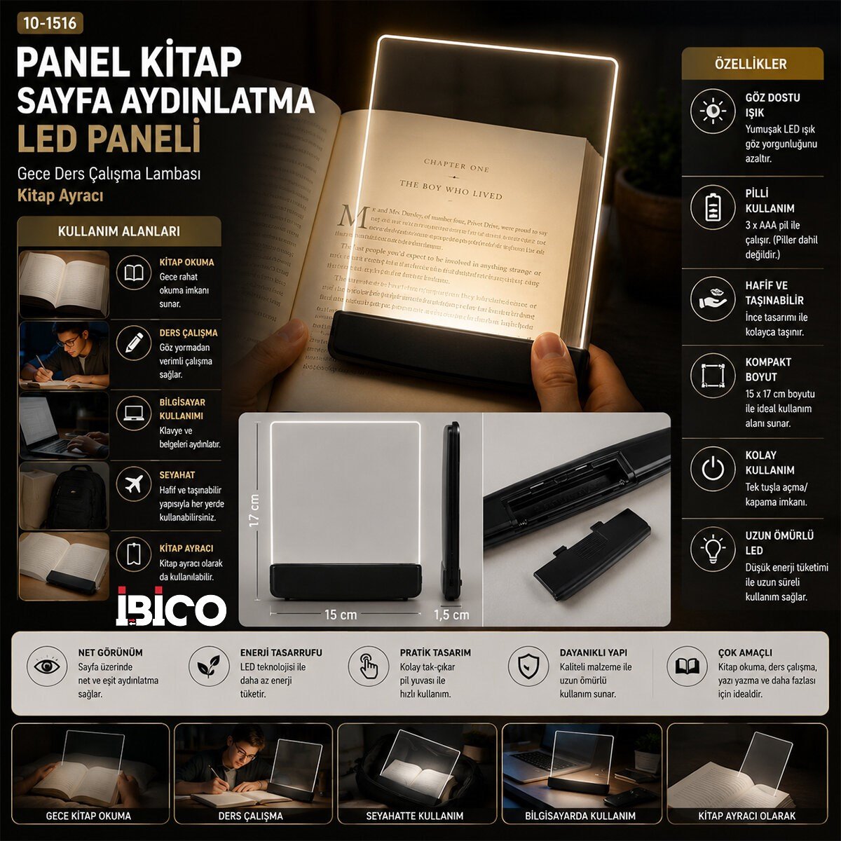 LIGHT PANEL KİTAP SAYFA AYDINLATMA LED PANELİ KİTAP OKUMA PİLLİ 15X17CM İ10-027 (5293)