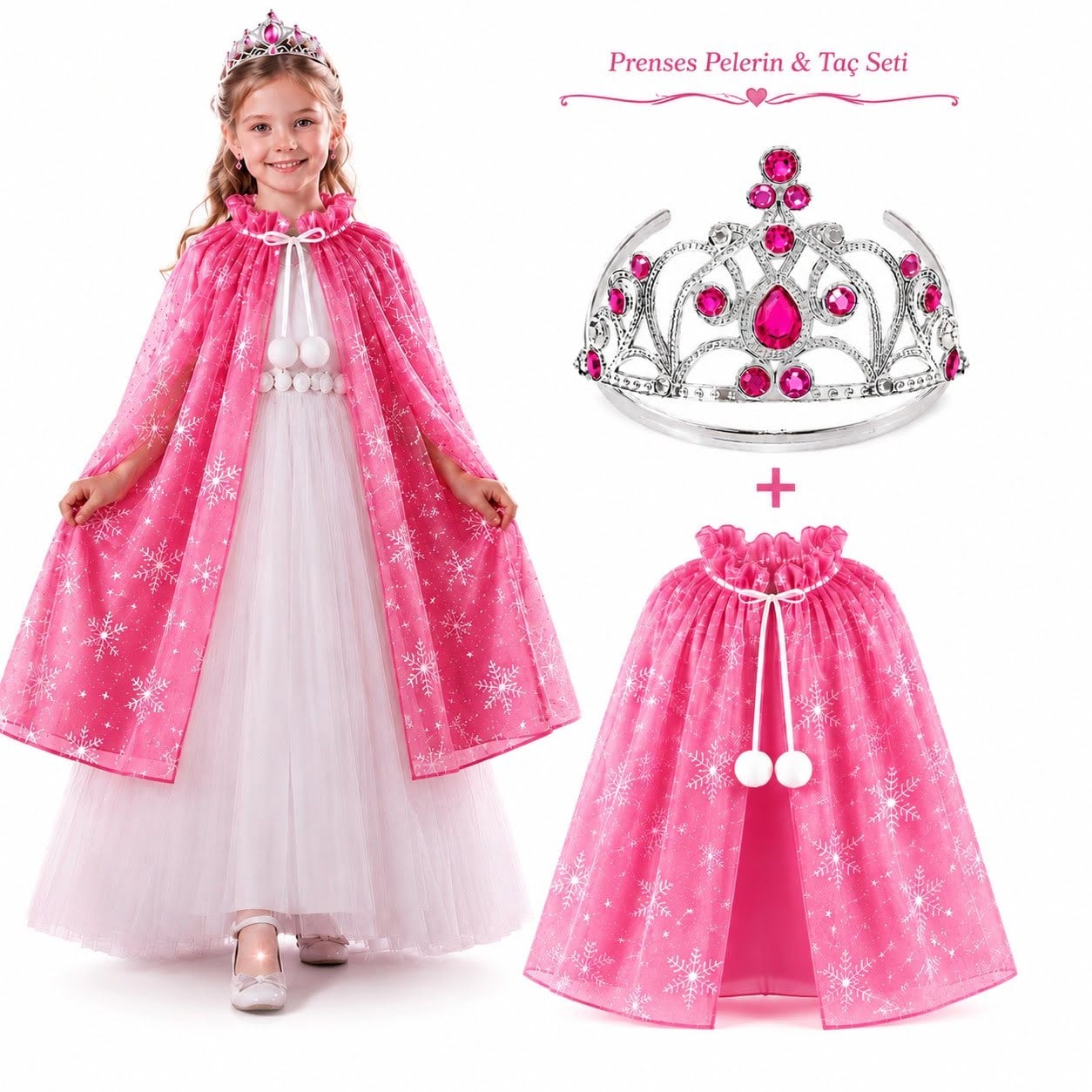 Masal Prensesi Pembe Pelerin ve Taç Seti (85 cm) (5293)