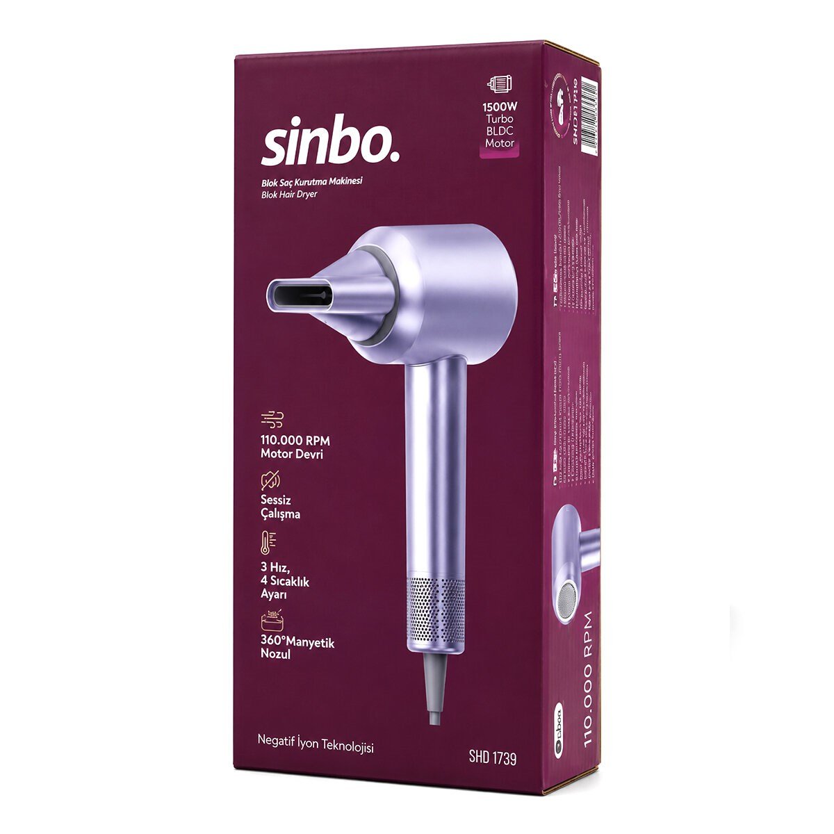 MAVİ BLDC TURBO MOTOR SAÇ KURUTMA - ŞEKİL MAKİNESİ 1500W 3-KDM.HIZ 4-KDM.ISIAYAR=SICAK-ILIK-HAFİF-SOĞUK SHD-1739 (5293)