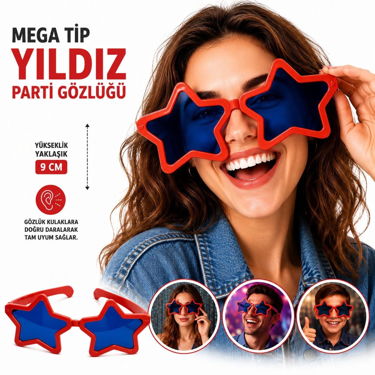 Mega Tip Yıldız Parti Gözlüğü Kırmızı Renk (5293)