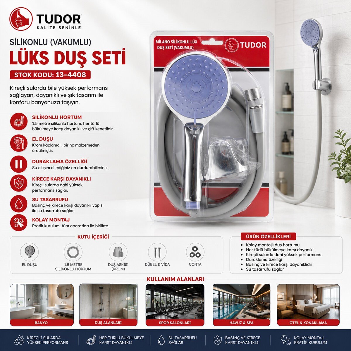 MİLANO VAKUMLU - SİLİKON LÜKS DUŞ SETİ DUŞ BAŞLIK=MİX SİLİKON HORTUM=1.5MT MAFSAL=3 KADEME (5293)