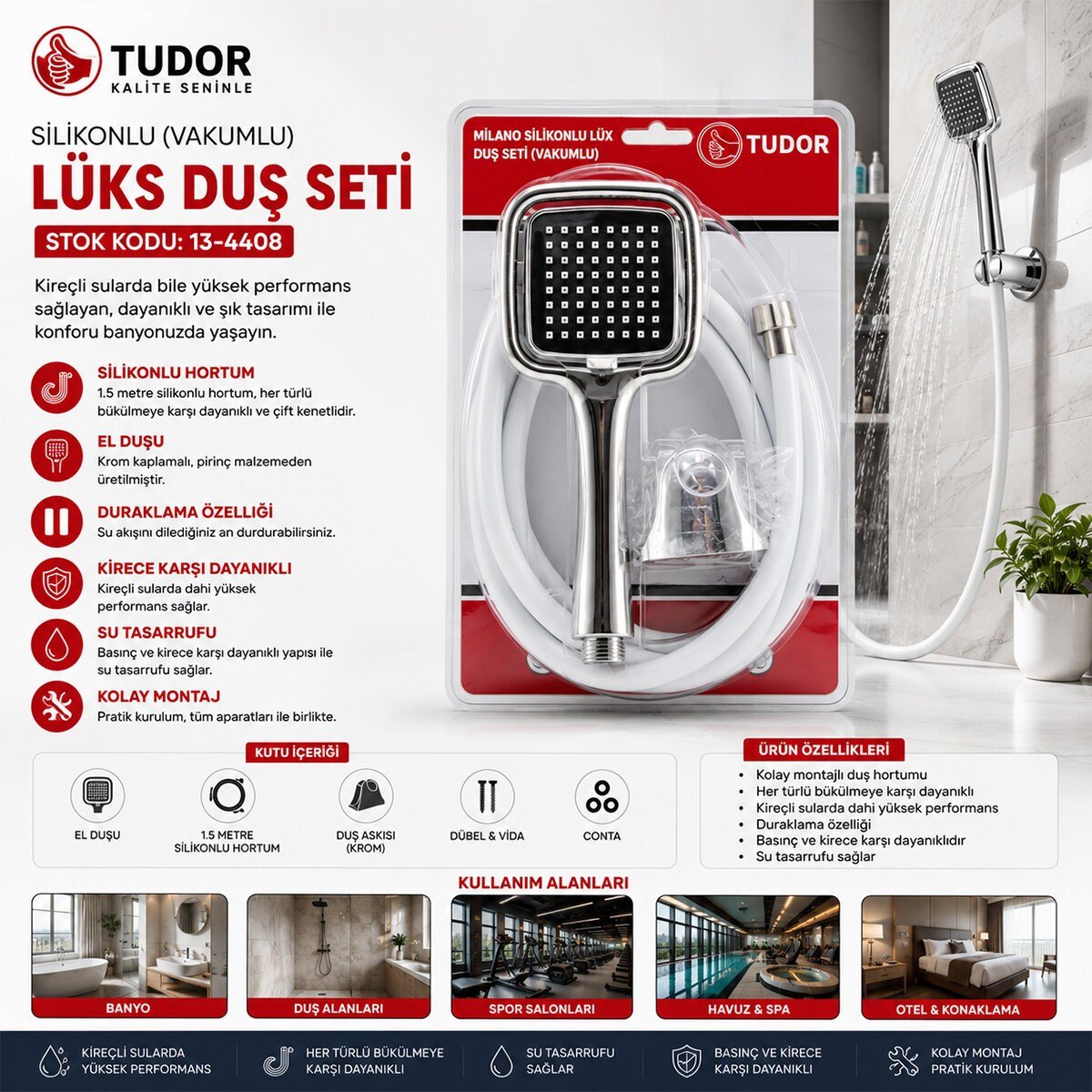 MİLANO VAKUMLU - SİLİKON LÜKS DUŞ SETİ DUŞ BAŞLIK=MİX SİLİKON HORTUM=1.5MT MAFSAL=3 KADEME (5293)