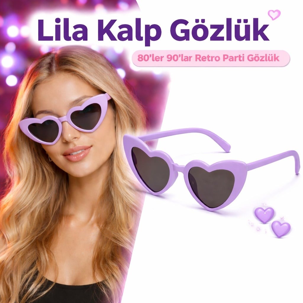 Mor Lila Retro Kalp Gözlük – 80’ler 90’lar Stil Parti Gözlüğü (5293)
