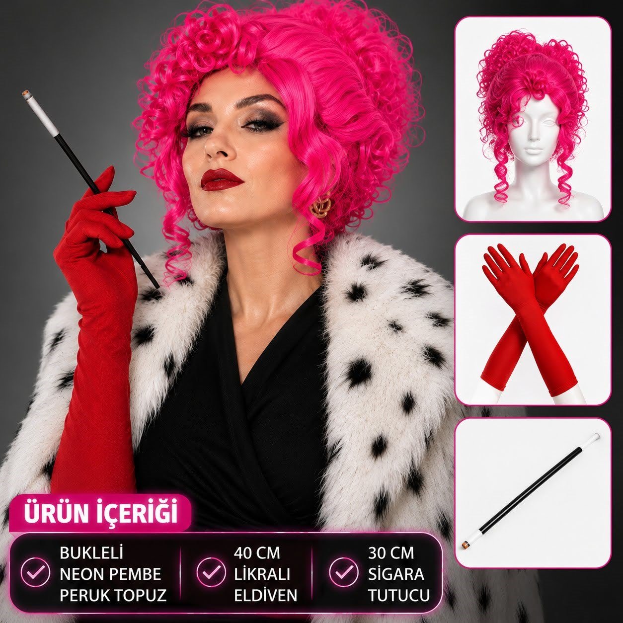 Neon Bukleli Pembe Peruk Uzun Kumaş Kırmızı Eldiven ve Sigara Tutucu Seti (3 Parça) (5293)