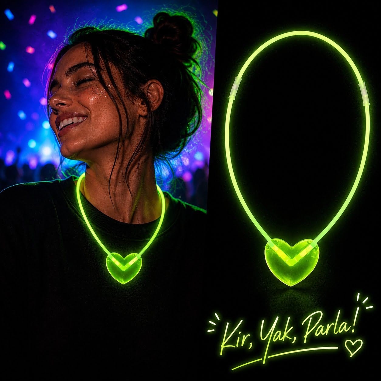Neon Işıklı Fosforlu Kalp Parti Kolyesi Yeşil Renk (5293)