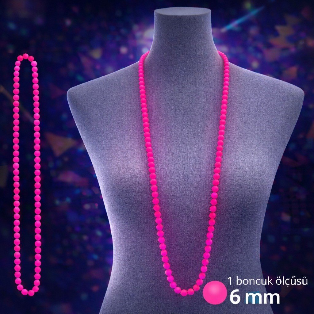 Neon Pembe Boncuk Kolye 80 cm – Retro 80’ler 90’lar Parti Aksesuarı (5293)