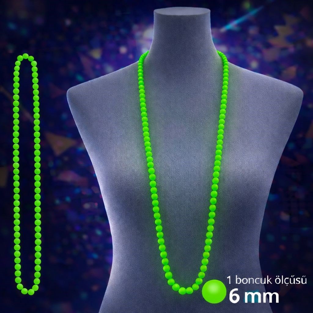 Neon Yeşil Boncuk Kolye 80 cm – Retro 80’ler 90’lar Parti Aksesuarı (5293)