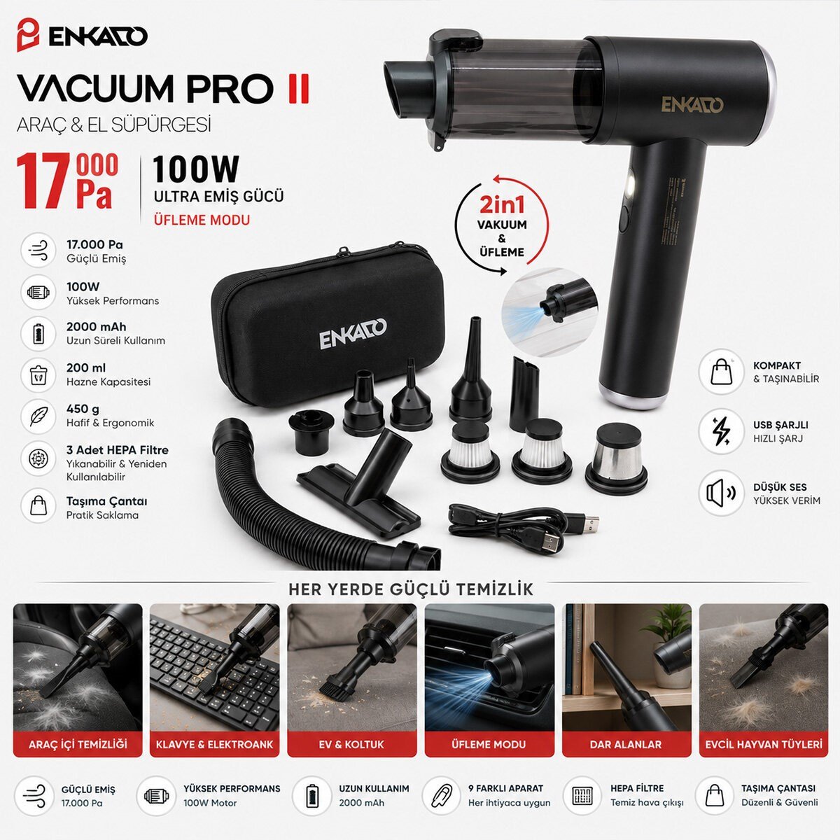 OTO ARAÇ - 2IN1 ŞARJLI 100W - 17000PA 9 BAŞLIK - 3 FİLTRE EL TİPİ BASINÇLI HAVA ÜFLEME - ARAÇ SÜPÜRGE MAKİNESİ TAŞIMA ÇANTALI EKD-SP10 (5293)