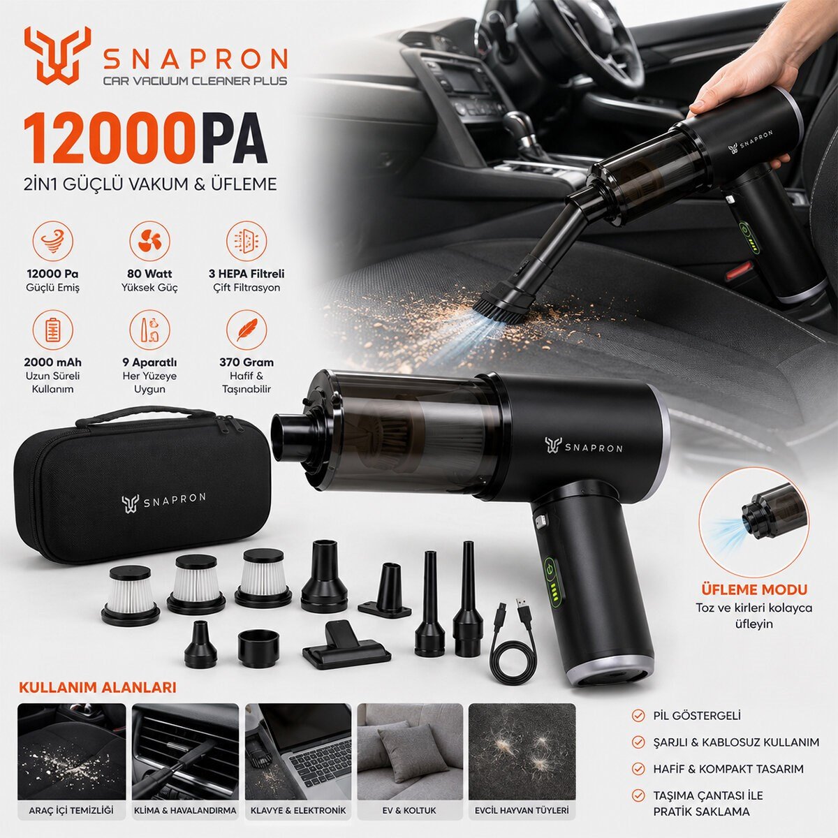 OTO ARAÇ - 2IN1 ŞARJLI 80W - 12000PA 9 BAŞLIK - 3 FİLTRE EL TİPİ BASINÇLI HAVA ÜFLEME - ARAÇ SÜPÜRGE MAKİNESİ TAŞIMA ÇANTALI SNV-3002 (5293)