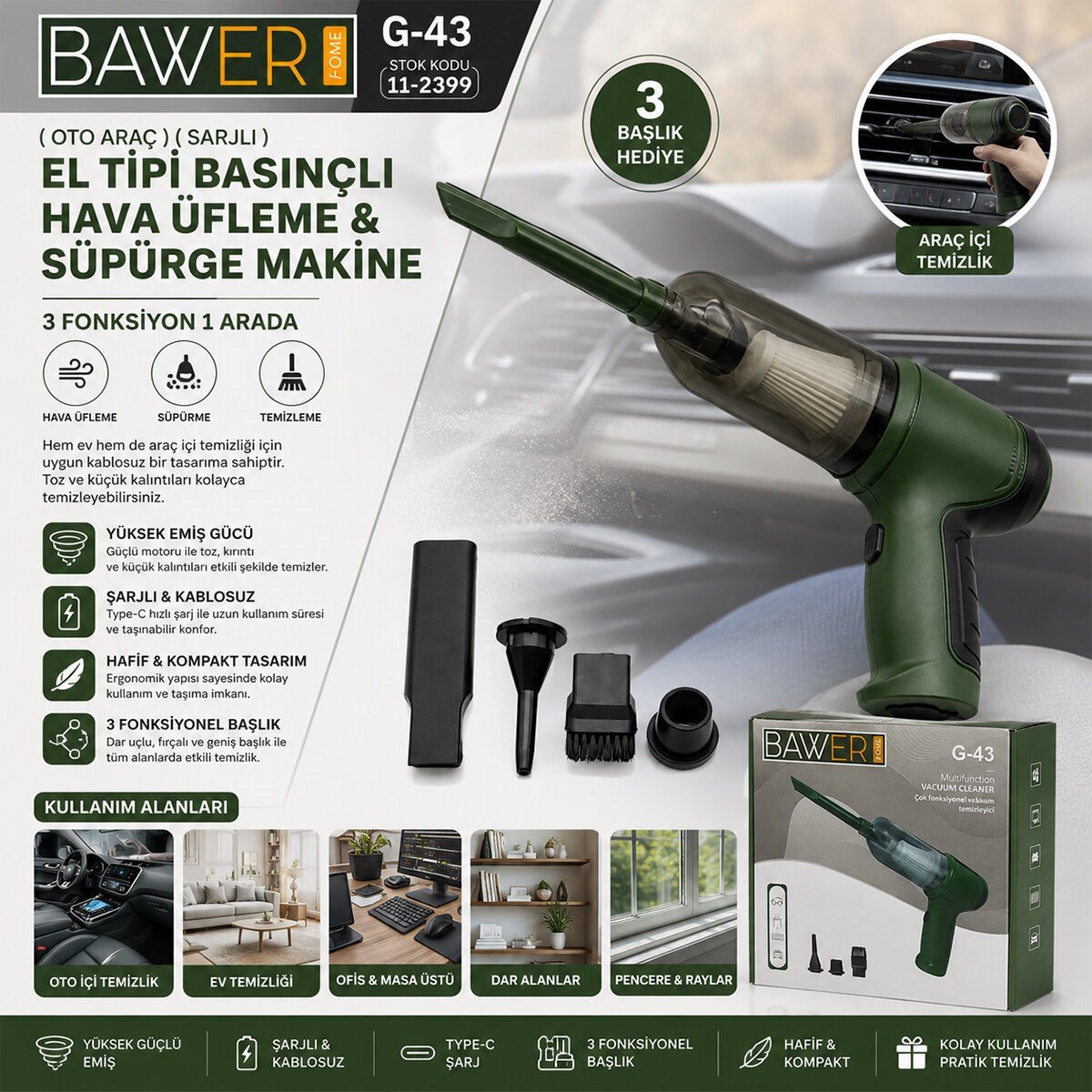 OTO ARAÇ SARJLI EL TİPİ BASINÇLI HAVA ÜFLEME - SÜPÜRGE MAKİNE 3 BAŞLIK G-43 (5293)