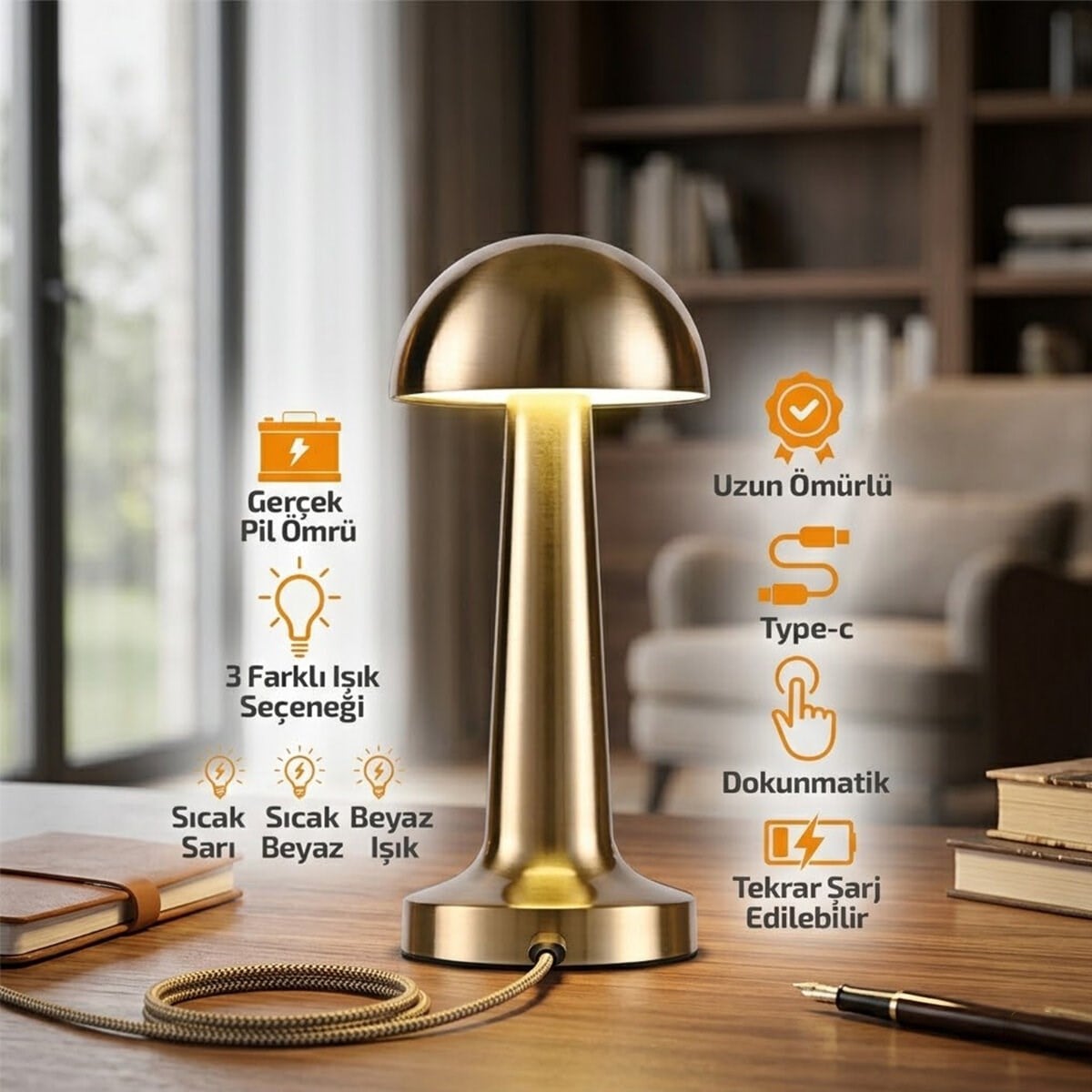 OVAL - METAL MANTAR MASA LAMBASI DOKUNMATİK - RENKLİ TYPE-C ŞARJLI 3 FONKSİYONLU YL86-1231 (5293)