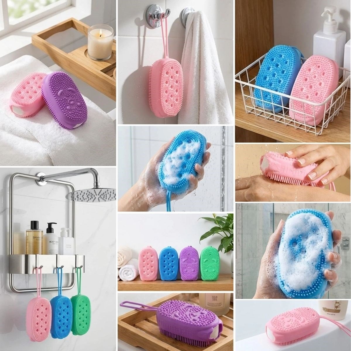 Peeling Etkili Süngerli Silikon Banyo Lifi – Asma Kancalı Duş Kesesi (5293)