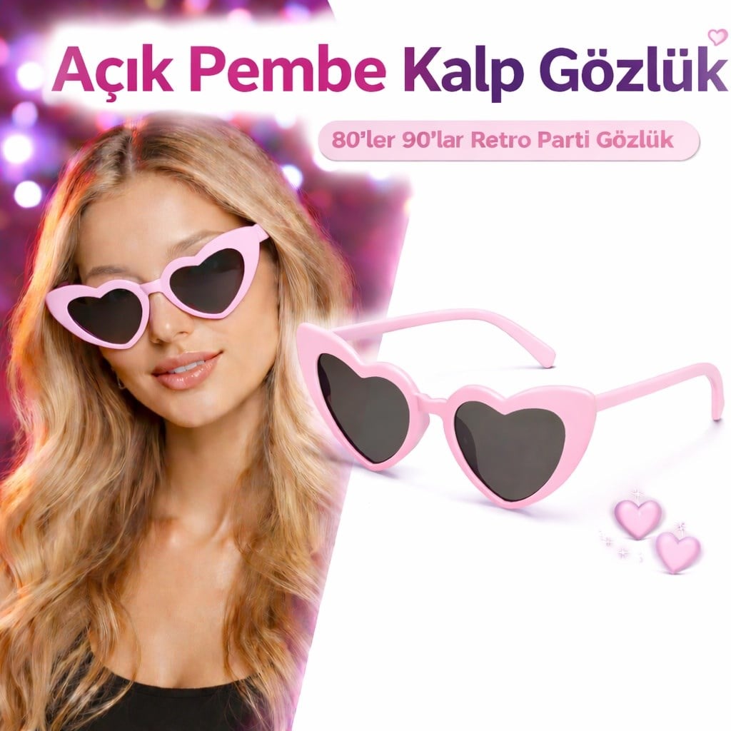 Pembe Retro Kalp Gözlük – 80’ler 90’lar Stil Parti Gözlüğü (5293)