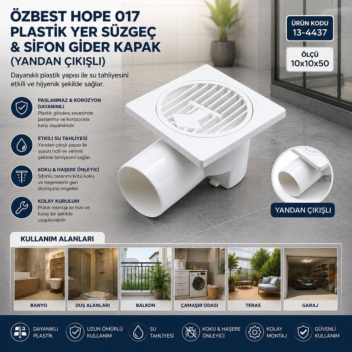 PLASTİK YER SÜZGEÇ - SİFON GİDER KAPAK YANDAN 10X10X50 (5293)