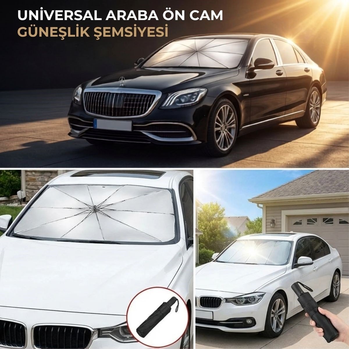 Premium Katlanabilir Araç Ön Cam Güneşliği – Şemsiye Tipi Oto Güneşlik, UV Korumalı Isı Yalıtımlı Ön Cam Gölgelik (5293)