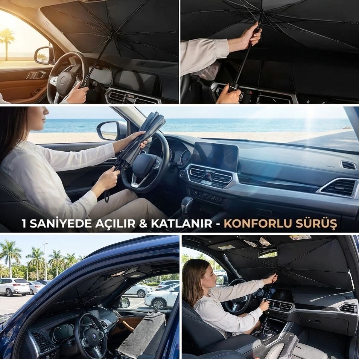 Premium Katlanabilir Araç Ön Cam Güneşliği – Şemsiye Tipi Oto Güneşlik, UV Korumalı Isı Yalıtımlı Ön Cam Gölgelik (5293)