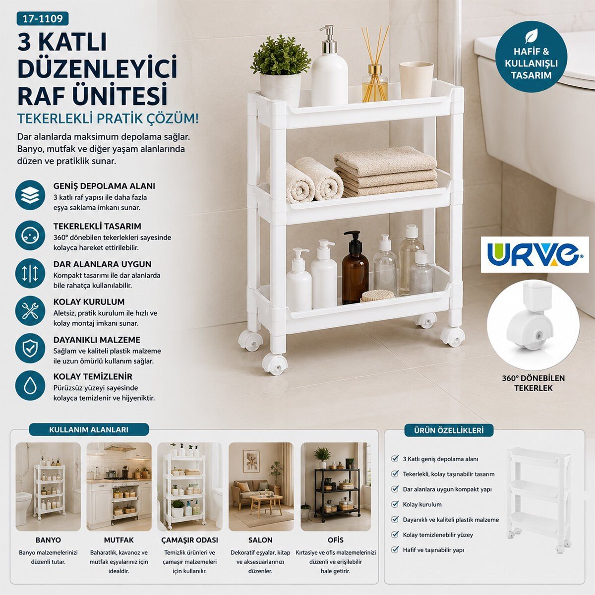 RAFTY 3 KATLI TEKERLEKLİ SEPET ORGANİZER DÜZENLEYİCİ RAF ÜNİTESİ 465X145X480MM (5293)
