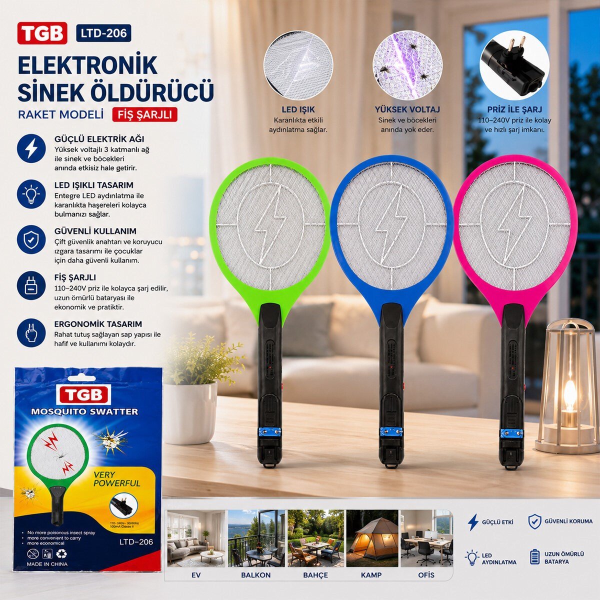 RAKET MODELİ FİŞ SARJLI ELEKTRONİK SİNEK ÖLDÜRÜCÜ CIZ MAKİNE LTD-206 (5293)
