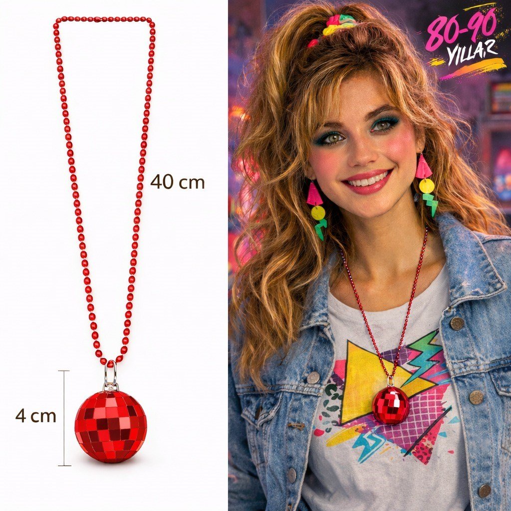 Retro Disko Topu Şekilli 80'ler 90'lar Kırmızı Renk Plastik Kolye (5293)