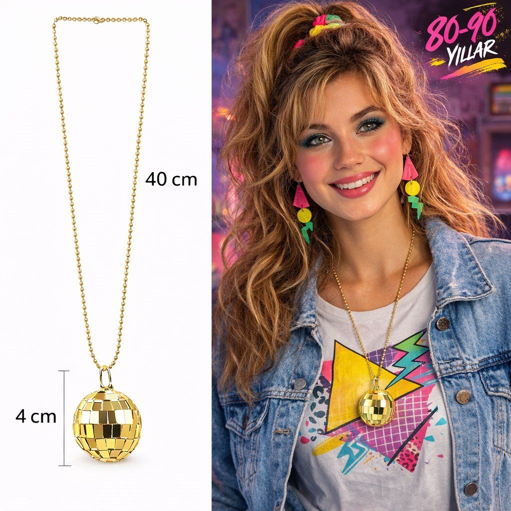Retro Disko Topu Şekilli 80'ler 90'lar Altın Renk Plastik Kolye (5293)