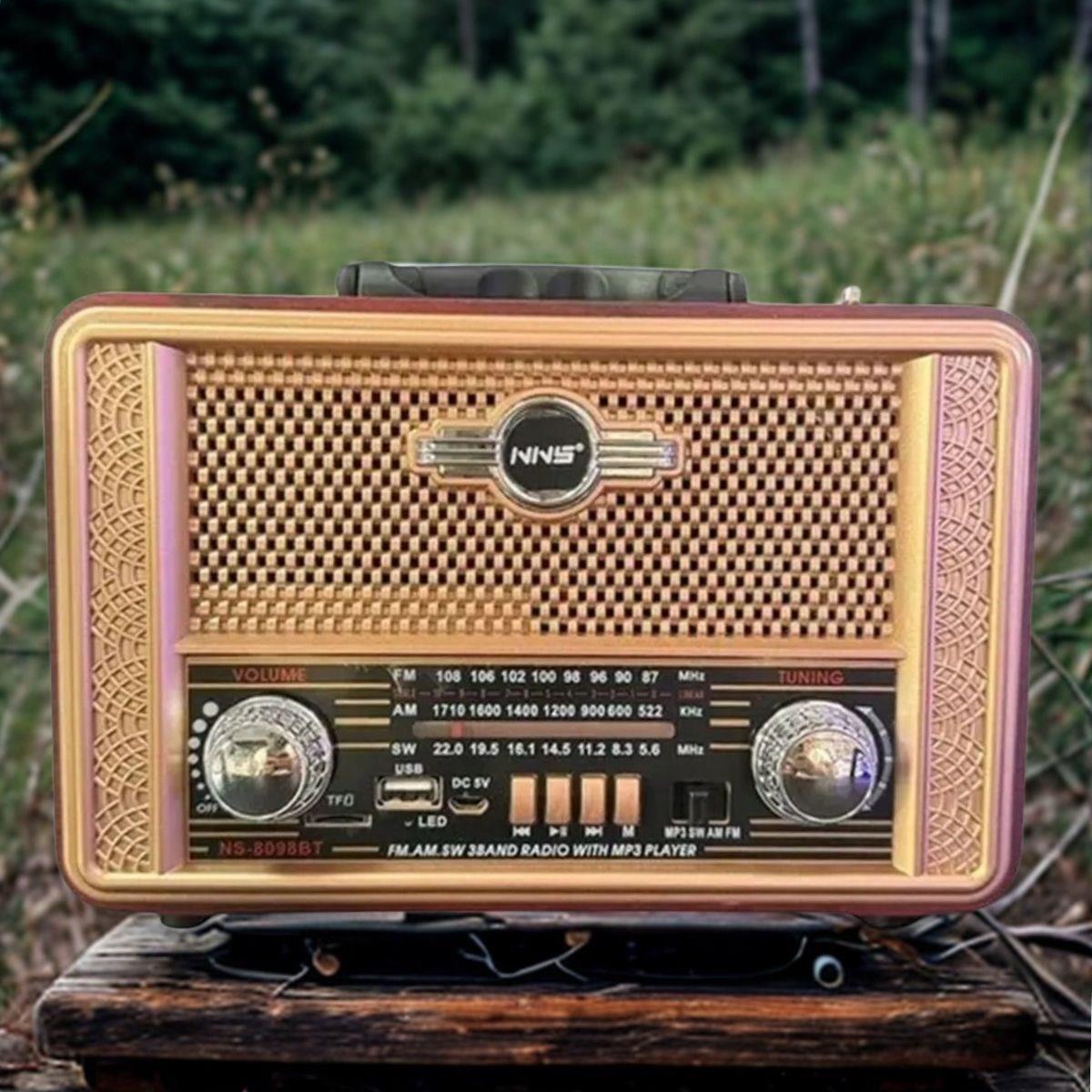 Retro, Nostaljik, Ahşap Tasarım Bluetooth Hoparlörlü, Şarjlı, Taşınabilir Otantik Tasarımlı FM/AM Destekli Radyo NS8098 (5293)