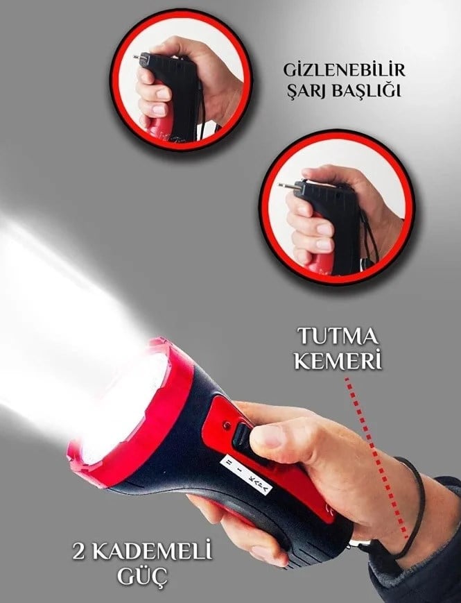 Şarjlı 10w Projektör Led El Feneri 2 Mod Aydınlatmalı Uzun Menzil Işıldak Kambur Fener (5293)
