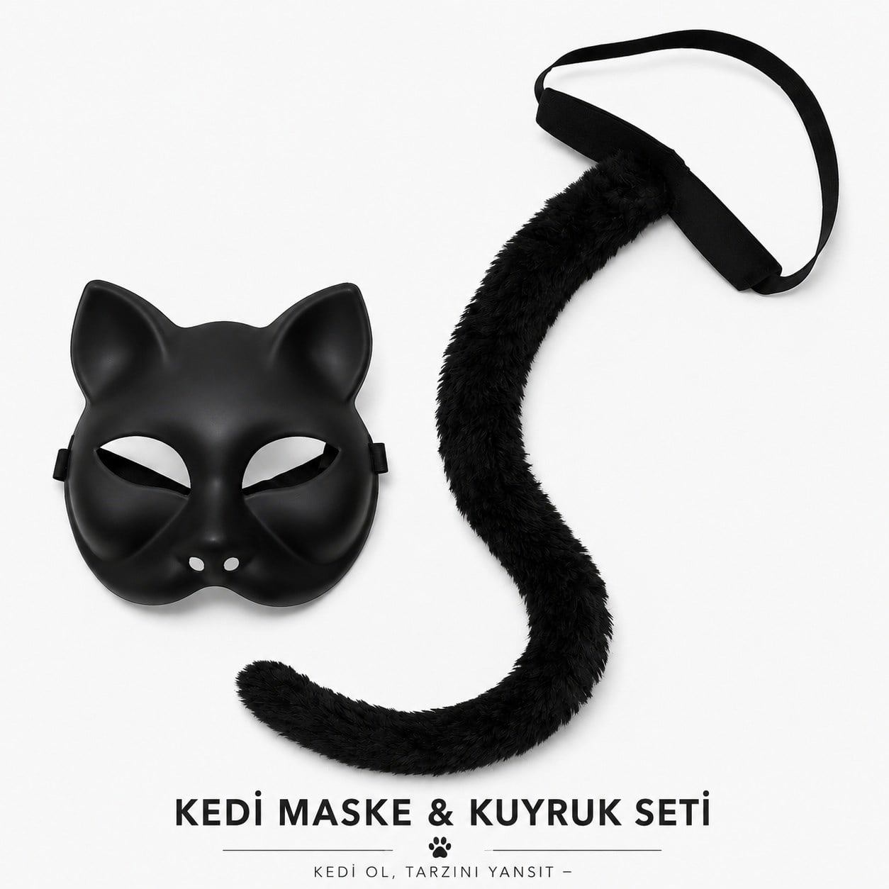 Siyah Kedi Maskesi ve Peluş Kuyruk Kostüm Seti 70 cm (5293)